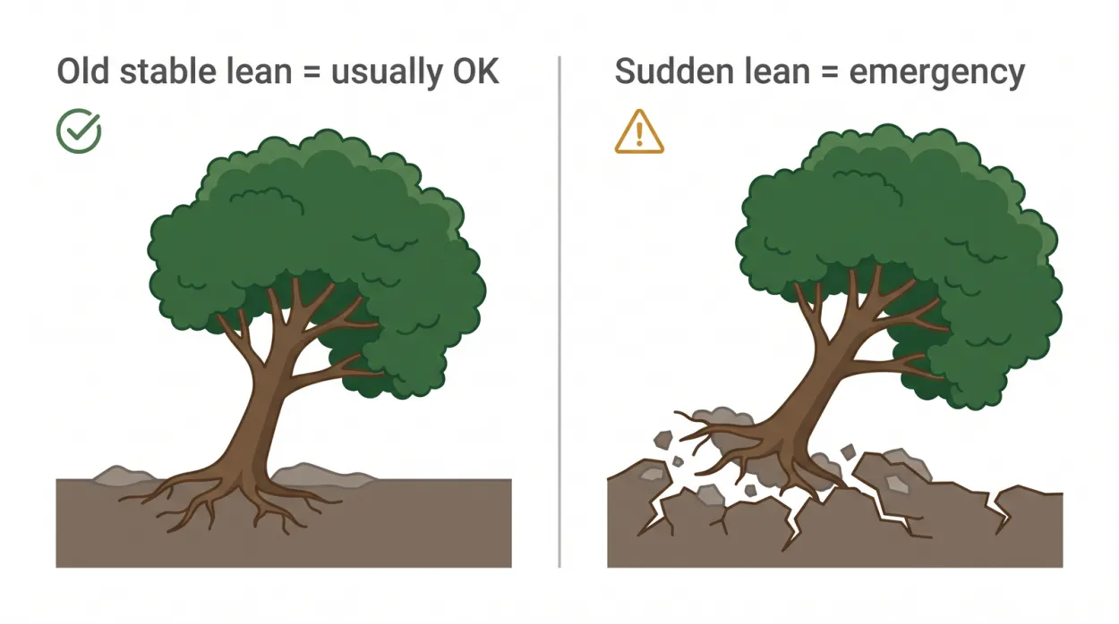 Comparison diagram of a stable long-standing tree lean with undisturbed soil versus a dangerous sudden lean with heaving soil and a lifting root plate