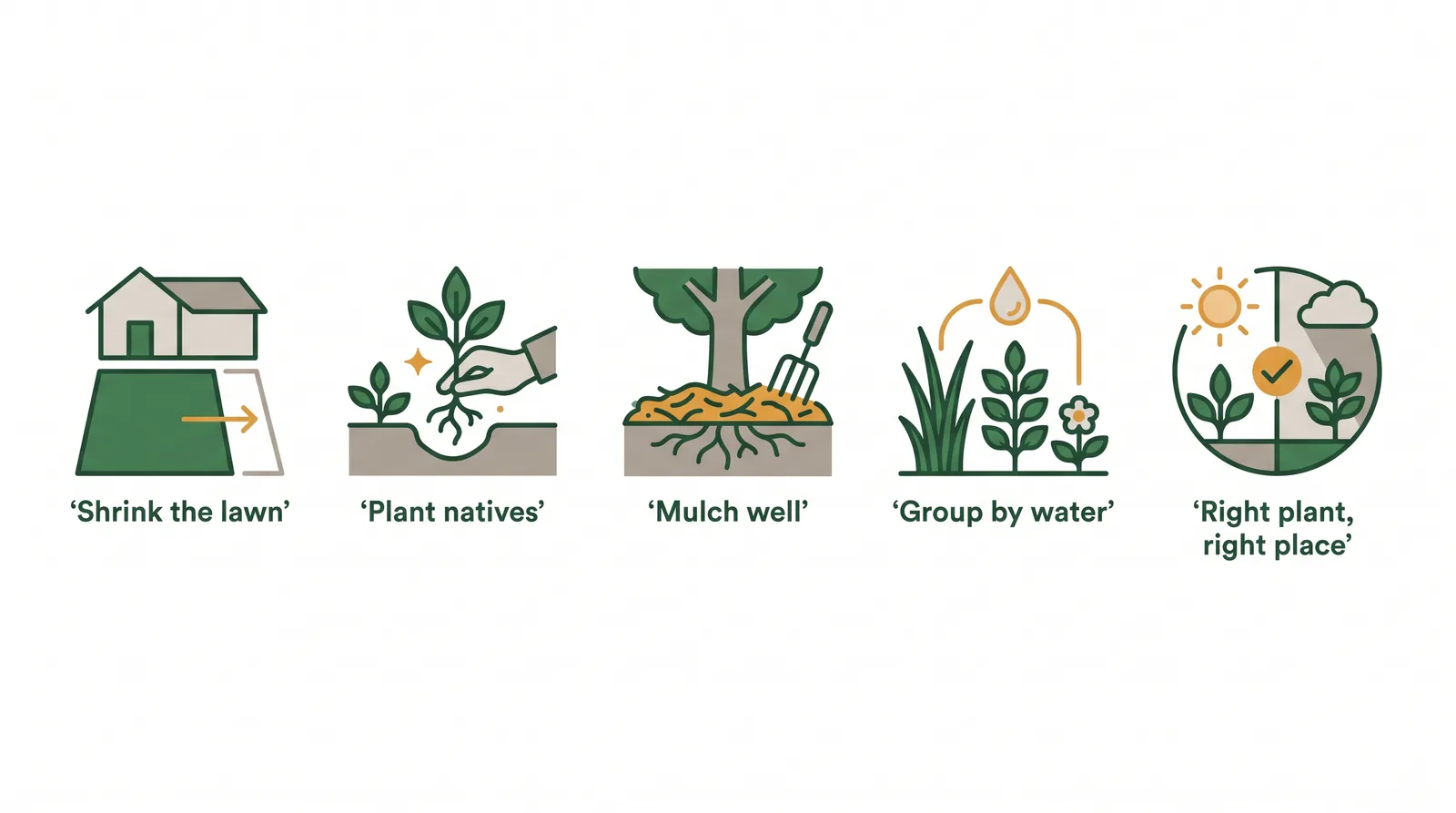 Diagram of five low-maintenance landscaping strategies: shrink the lawn, plant natives, mulch well, group by water need, and right plant right place