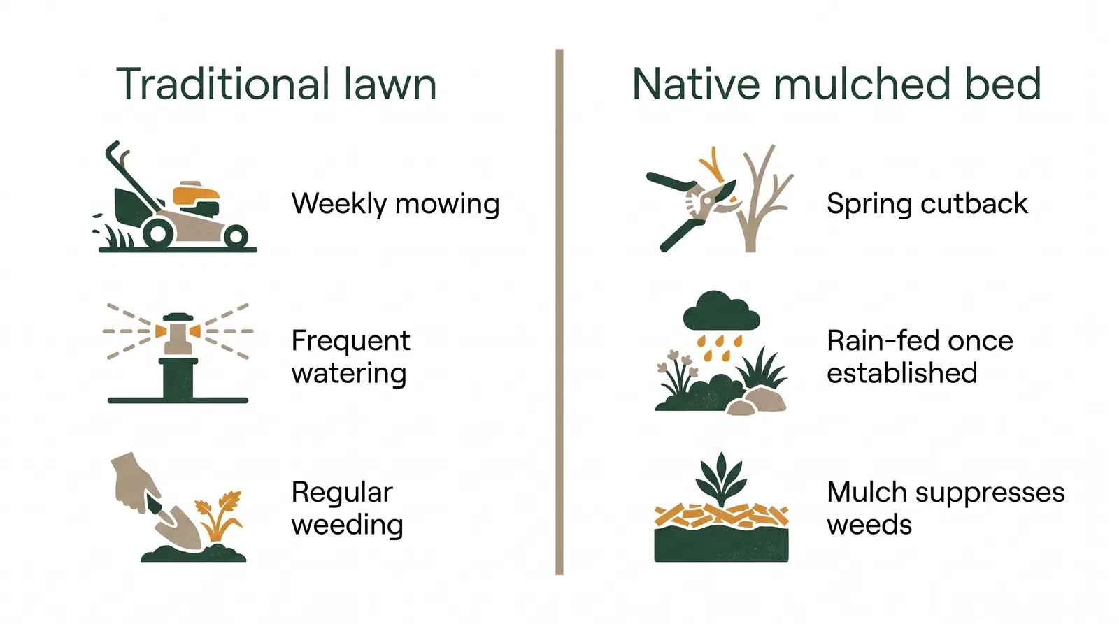 Comparison diagram of a high-maintenance lawn versus a low-maintenance native planted bed across watering, mowing, and weeding effort
