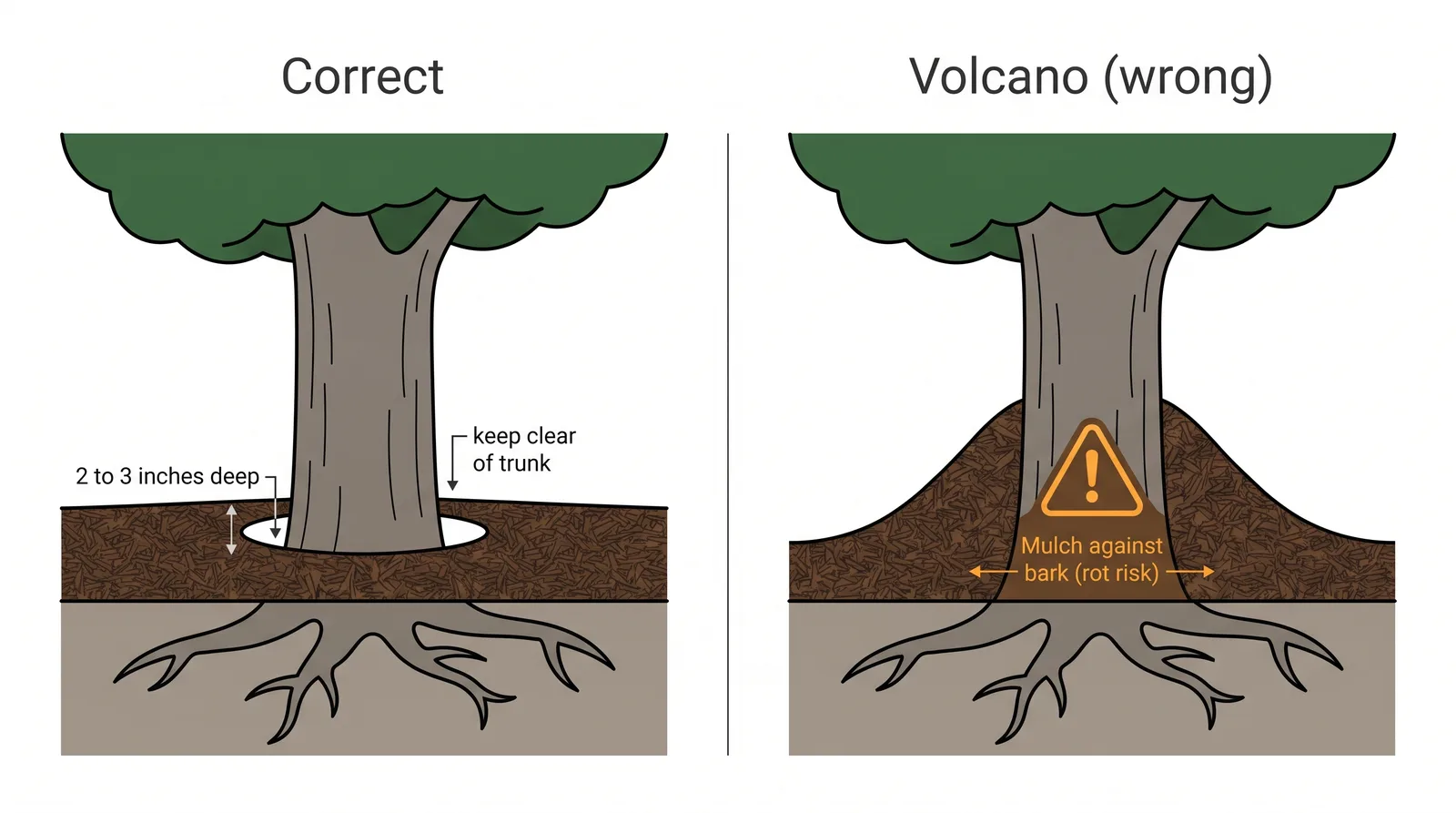 Cross-section comparison of correct mulch application as a flat ring pulled back from the tree trunk versus an incorrect mulch volcano piled against the bark