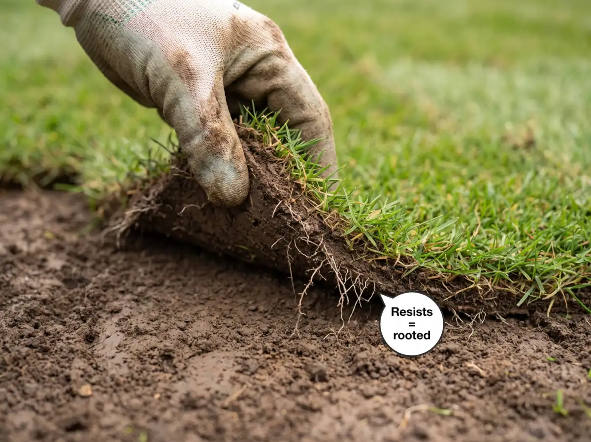 Diagram of the tug test for new sod showing a hand lifting a rooted corner that resists, meaning it is ready to mow