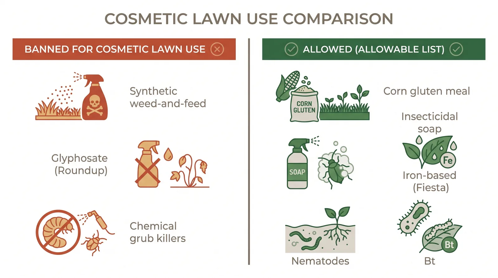 Comparison chart of banned versus allowed lawn products in Ontario, with synthetic weed-and-feed and glyphosate on the banned side and corn gluten, insecticidal soap, iron-based herbicide and nematodes on the allowed side