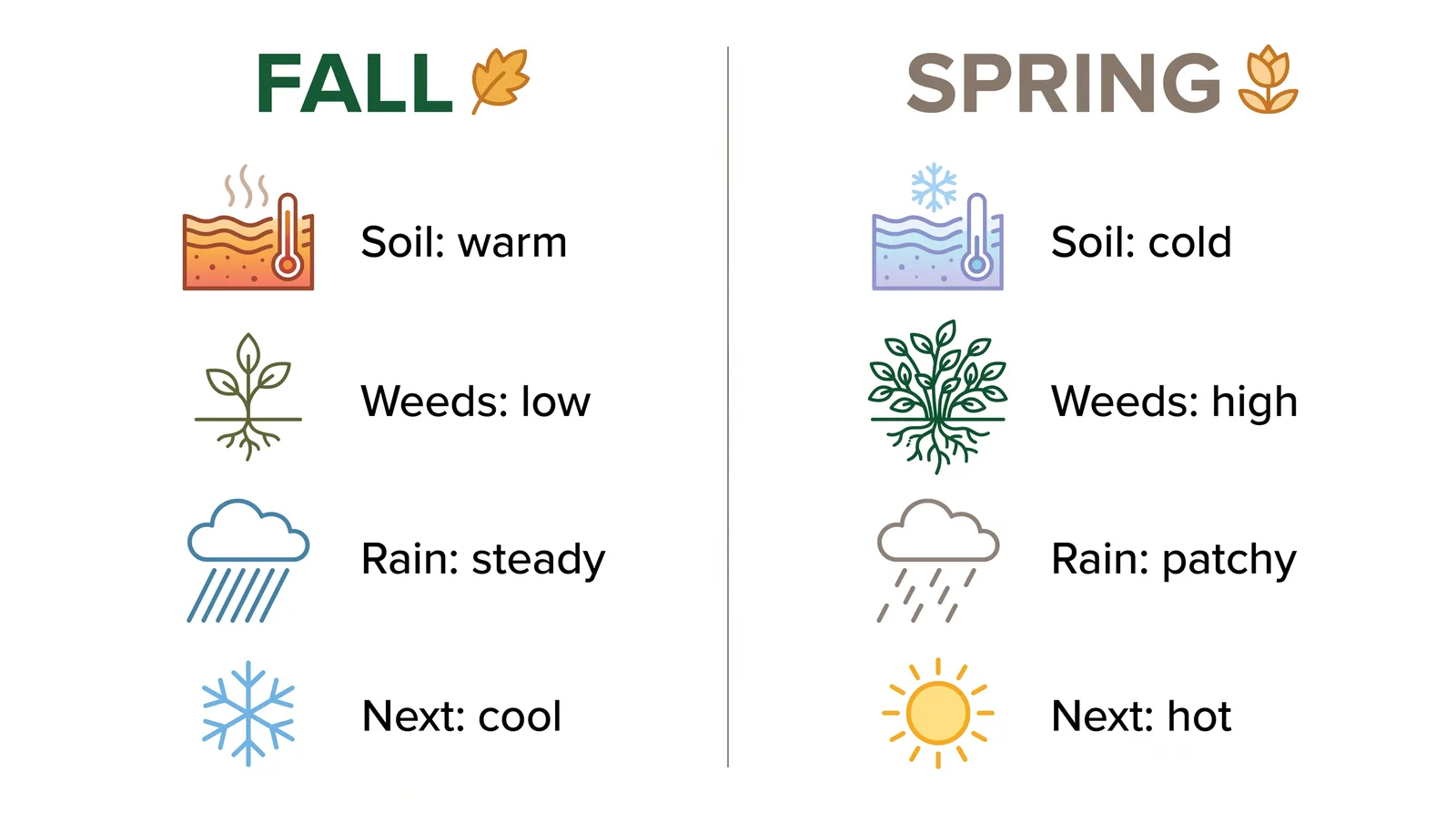 Side-by-side comparison of fall versus spring overseeding in Ontario across soil warmth, weed pressure, rainfall, and establishment risk