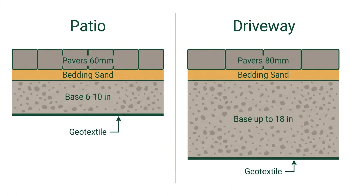 Side-by-side comparison of a patio build and a driveway build showing 60mm pavers over a 6 to 10 inch base versus 80mm pavers over a base up to 18 inches deep