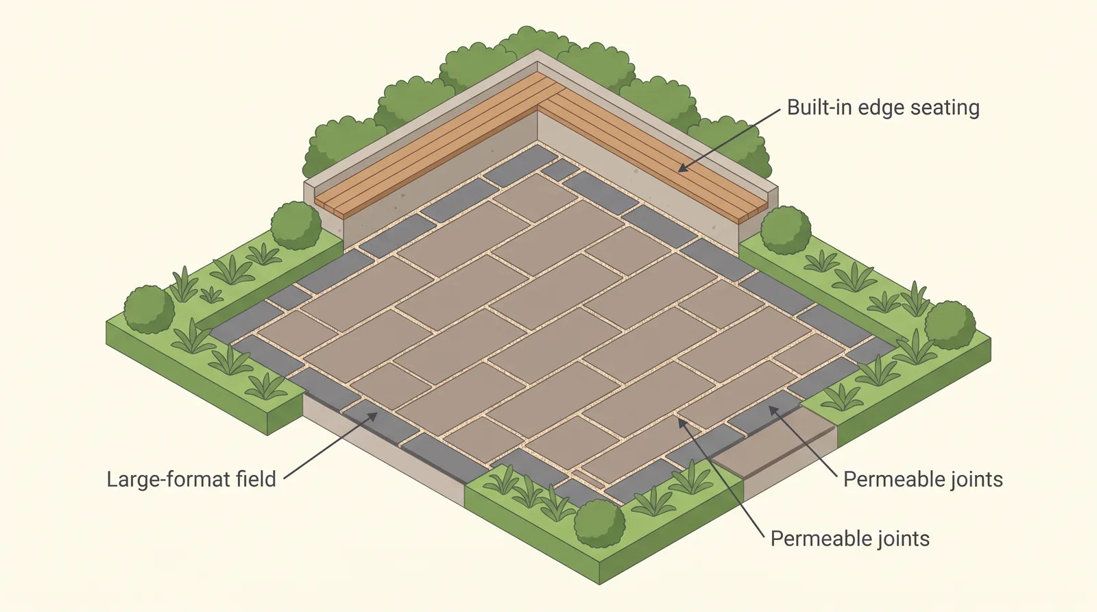 Illustration of a small Toronto backyard paver patio with labeled features, large-format pavers, contrasting border, built-in planter seating, and permeable drainage