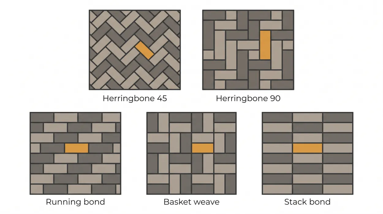 Diagram gallery of paver patterns showing 45-degree herringbone, 90-degree herringbone, running bond, basket weave, and stack bond with labels