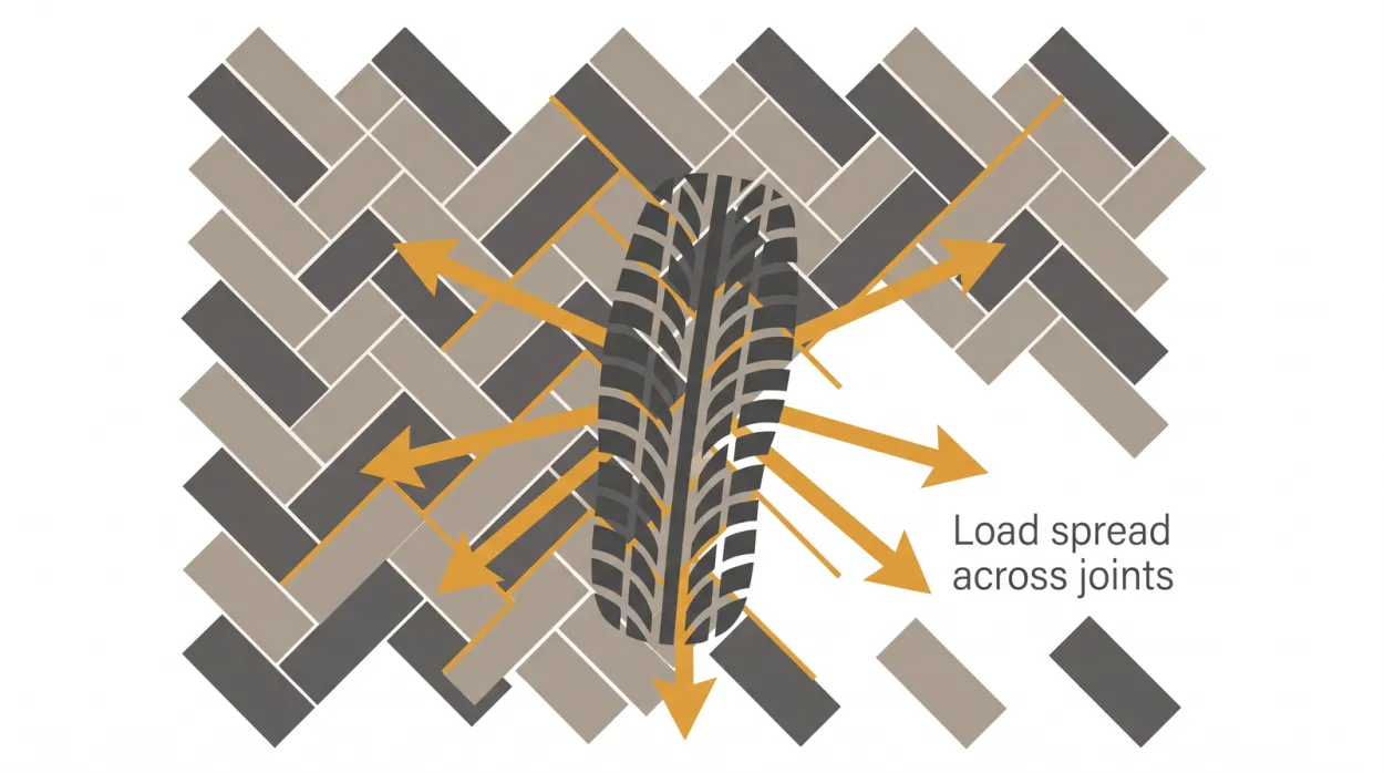 Diagram showing a car wheel load on a 45-degree herringbone driveway with force arrows spreading across multiple interlocked pavers