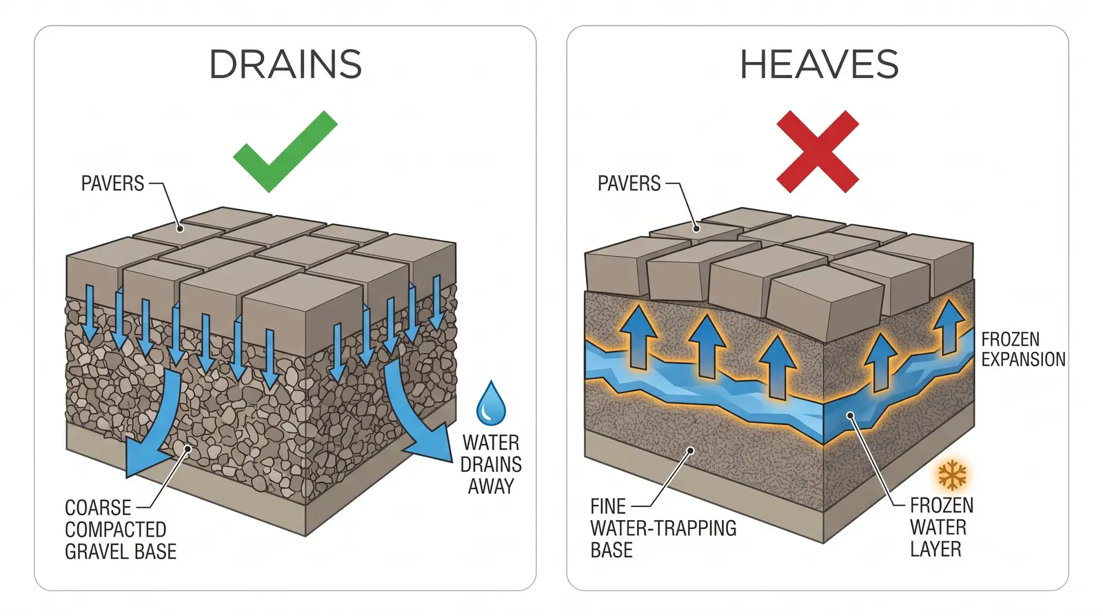 Cross-section comparison of a free-draining paver base that sheds meltwater versus a water-trapping base where freezing water heaves the pavers upward