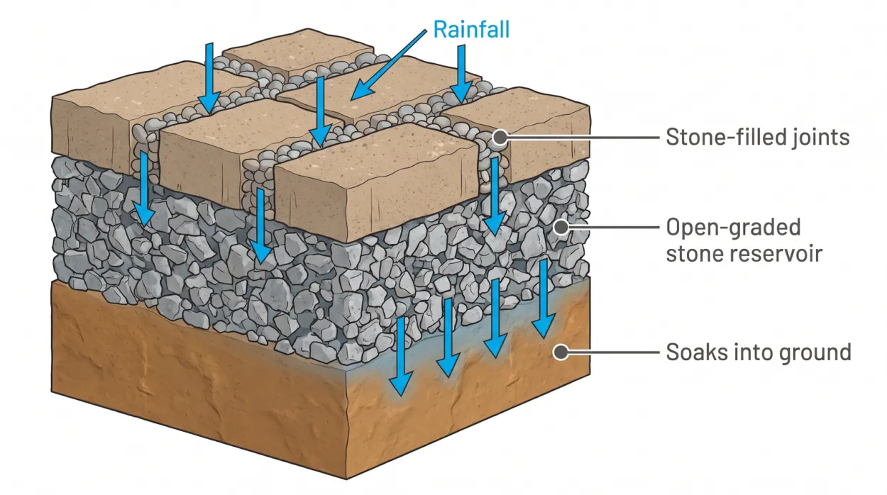 Cross-section diagram of a permeable paver driveway showing open stone-filled joints, an open-graded stone reservoir base, and water soaking into the ground below