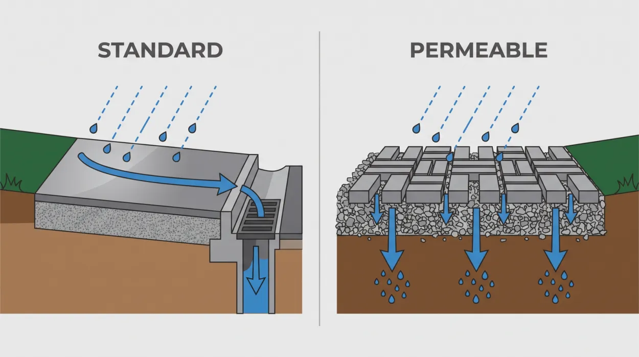 Comparison diagram of a standard impervious paver driveway shedding water to the street versus a permeable paver driveway soaking water into the ground