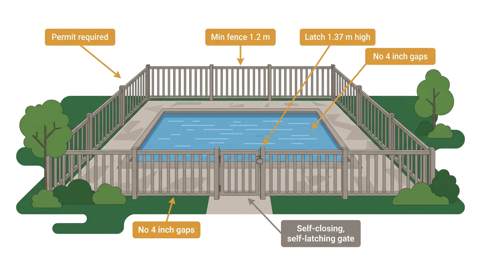 Diagram of Toronto pool enclosure bylaw requirements: permit required, minimum 1.2 metre fence, self-closing self-latching gate with latch at 1.37 metres, no 4 inch gaps, for pools 24 inches deep or more