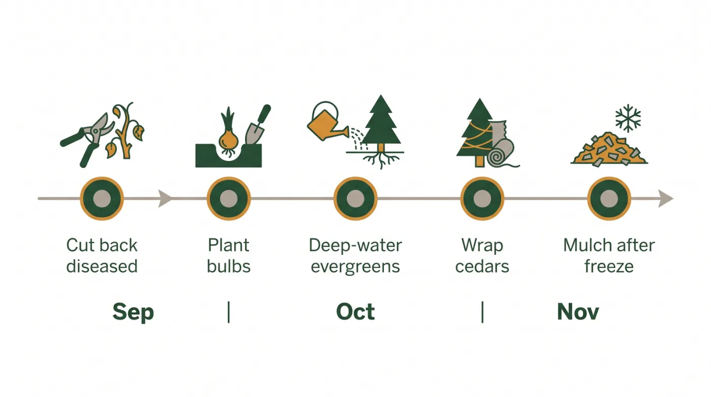 Timeline diagram of Toronto fall garden tasks from September to November: cut back diseased growth, plant spring bulbs, deep-water evergreens, wrap cedars, and mulch beds after the ground freezes
