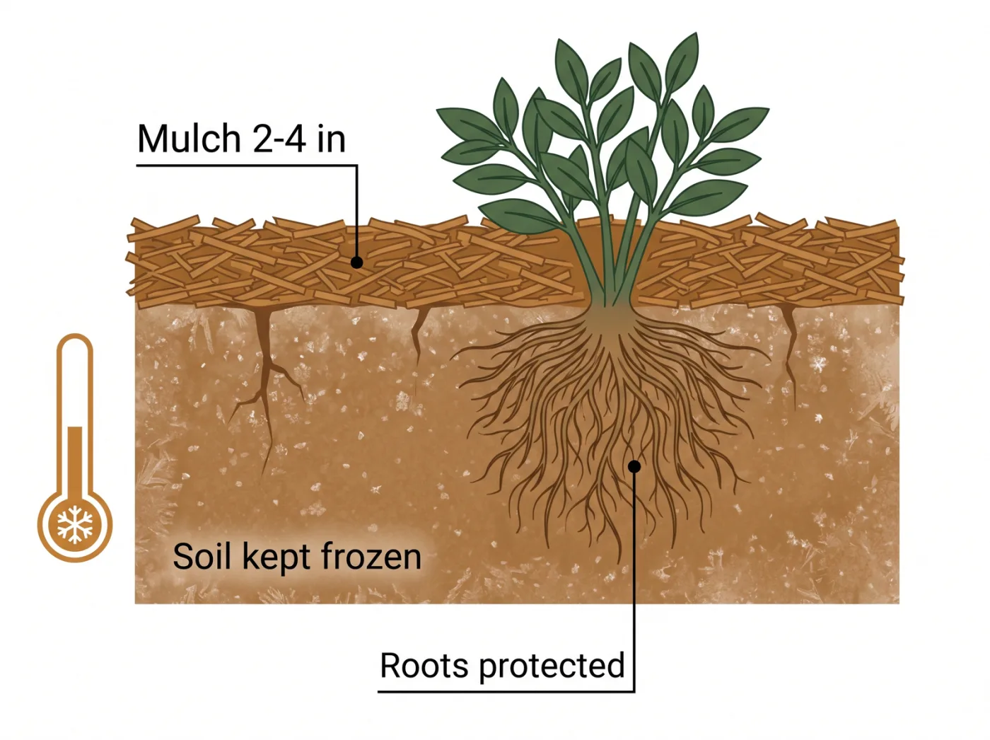 Cross-section diagram of a garden bed showing a 2 to 4 inch mulch layer over frozen soil protecting perennial roots from freeze-thaw heaving