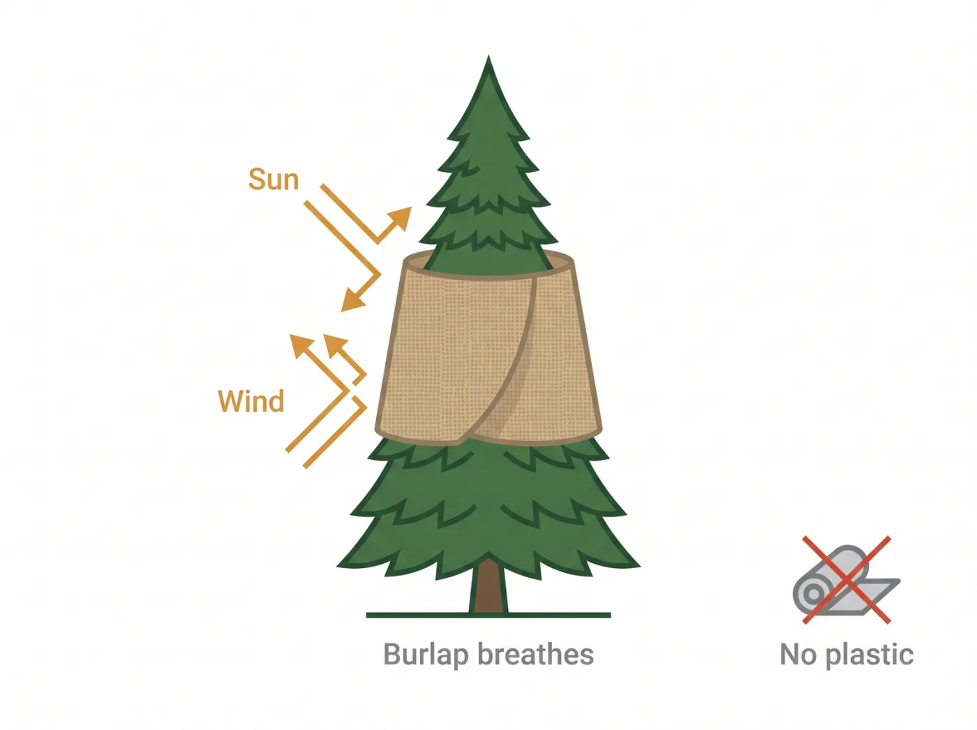 Diagram of a cedar evergreen wrapped in breathable burlap to prevent winter burn from sun and wind, with a note not to use plastic