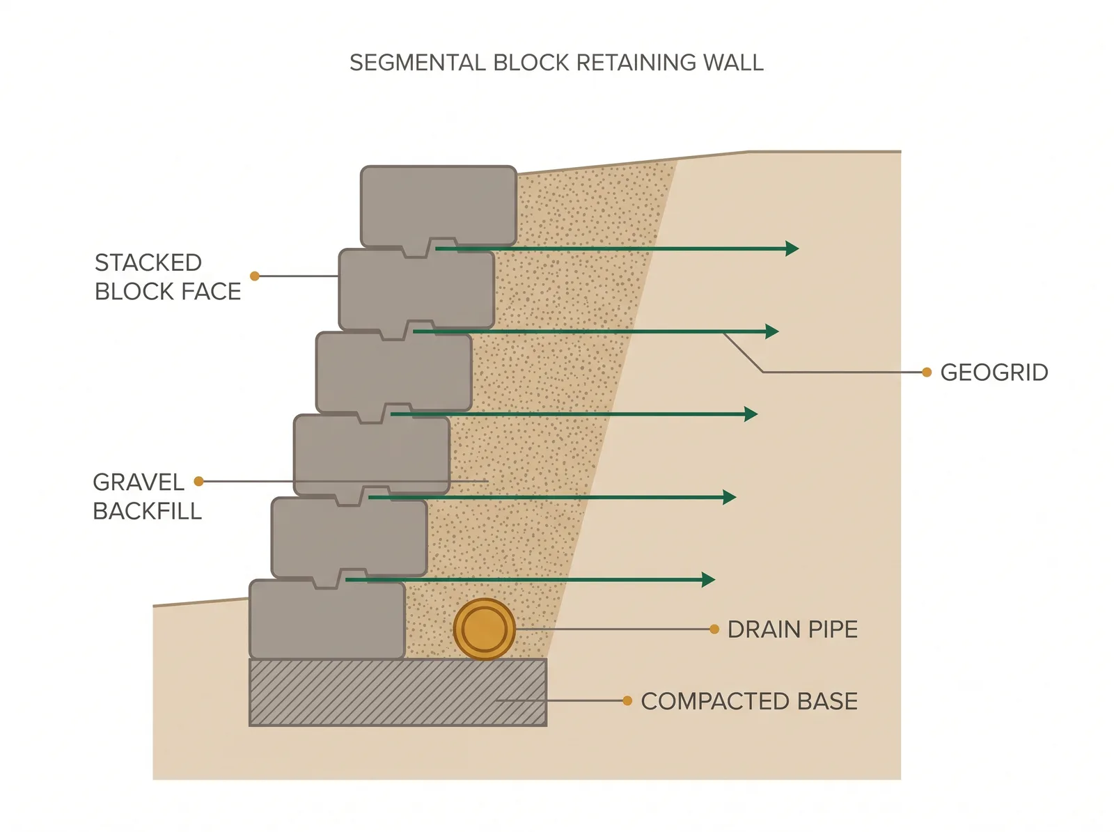 Cross-section diagram of a retaining wall showing compacted granular base, gravel backfill, drain pipe, geogrid, and the block face
