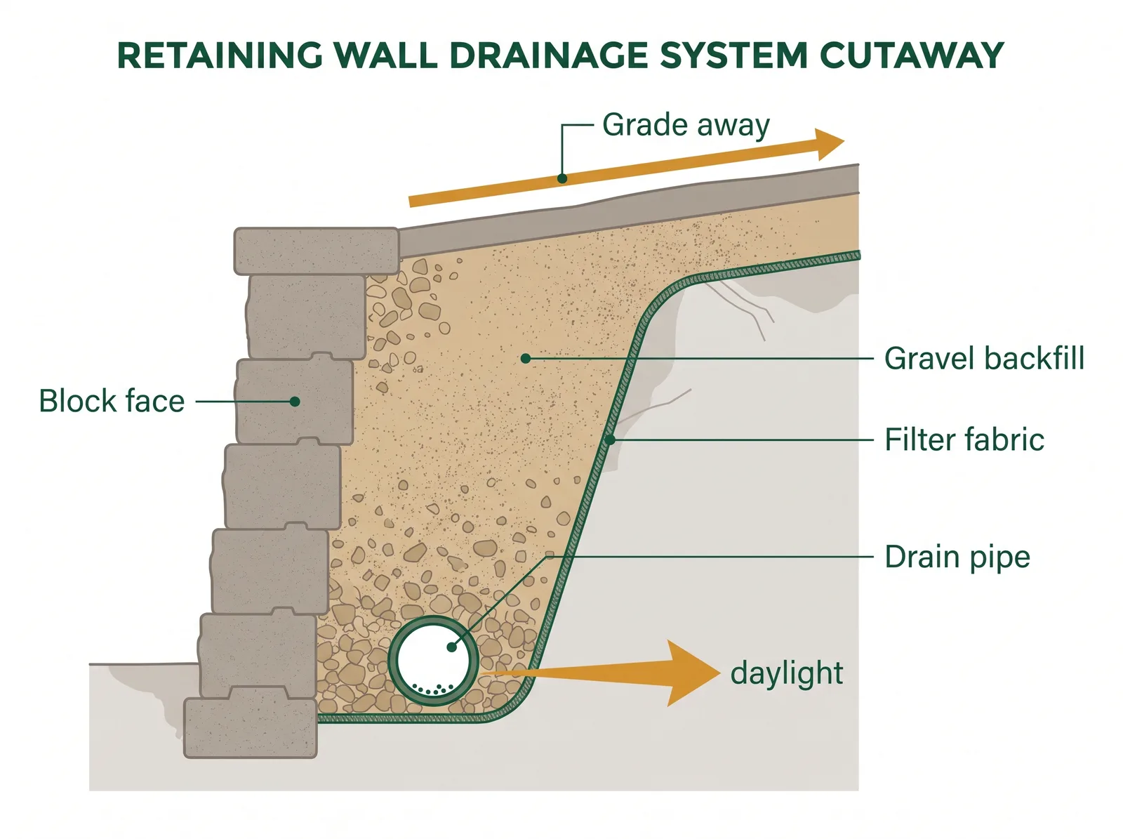 Cross-section diagram of a drained retaining wall showing gravel backfill, a base drain pipe running to daylight, filter fabric, and surface grading away from the wall