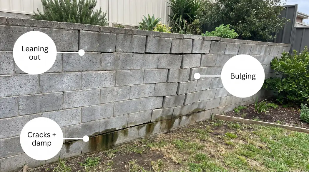 Annotated diagram of a failing retaining wall showing leaning, bulging, horizontal cracks, and water staining at the base
