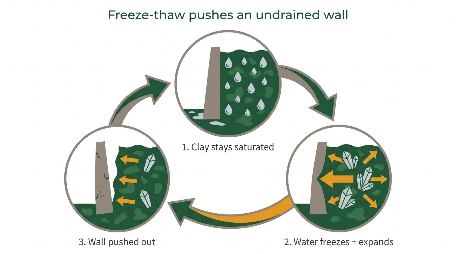 Diagram showing the freeze-thaw cycle behind a poorly drained retaining wall in Toronto: saturated soil freezes, expands, and pushes the wall outward