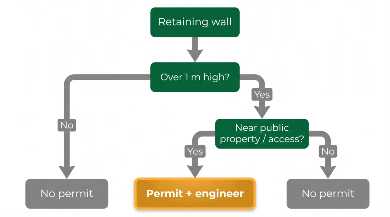 Decision diagram for Ontario retaining wall permits showing that a wall over 1 metre adjacent to public property needs a permit and engineering, while a low private wall does not