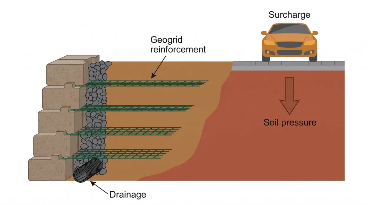 Cross-section diagram of an engineered retaining wall showing soil pressure, water drainage, geogrid reinforcement layers into the backfill, and a driveway surcharge load above