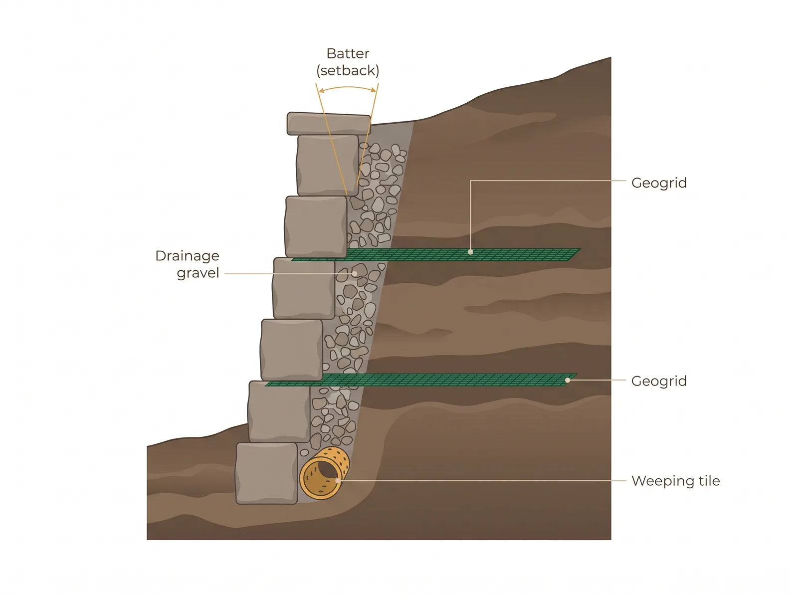 Cross-section of a slope retaining wall showing backward batter, geogrid layers tied into the slope, drainage gravel behind the blocks and a weeping tile at the base