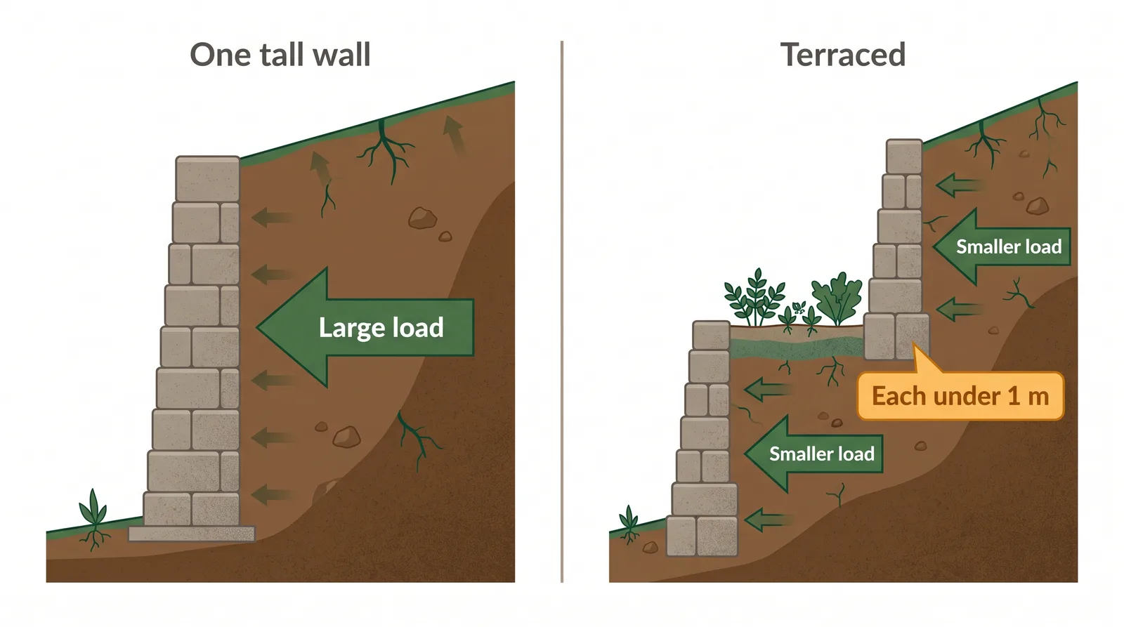 Comparison diagram of one tall retaining wall versus two shorter terraced walls stepping up a steep slope