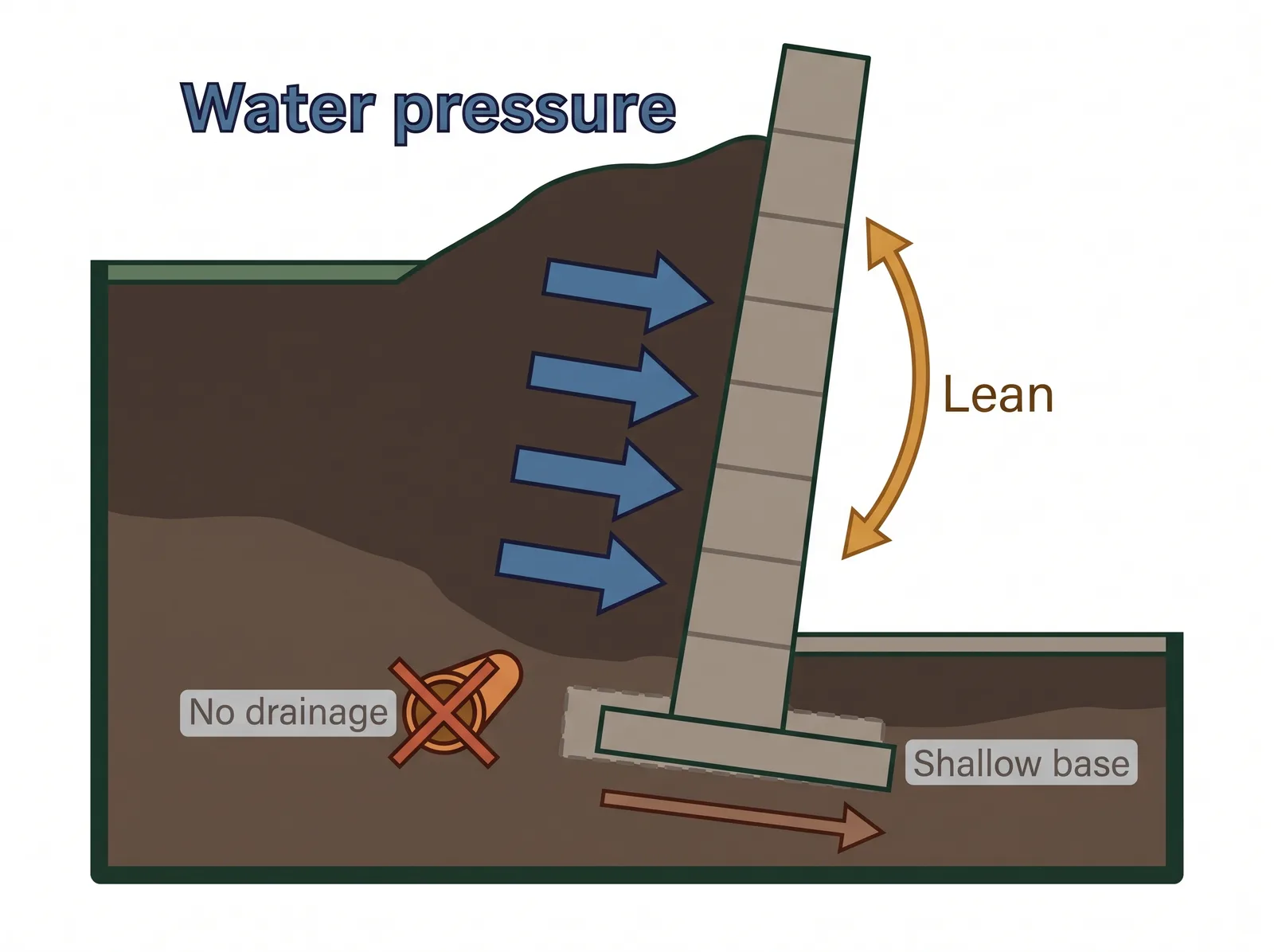 Cross-section diagram showing why a retaining wall leans: water pressure building behind a wall with no drainage, pushing the wall outward off a shifted base