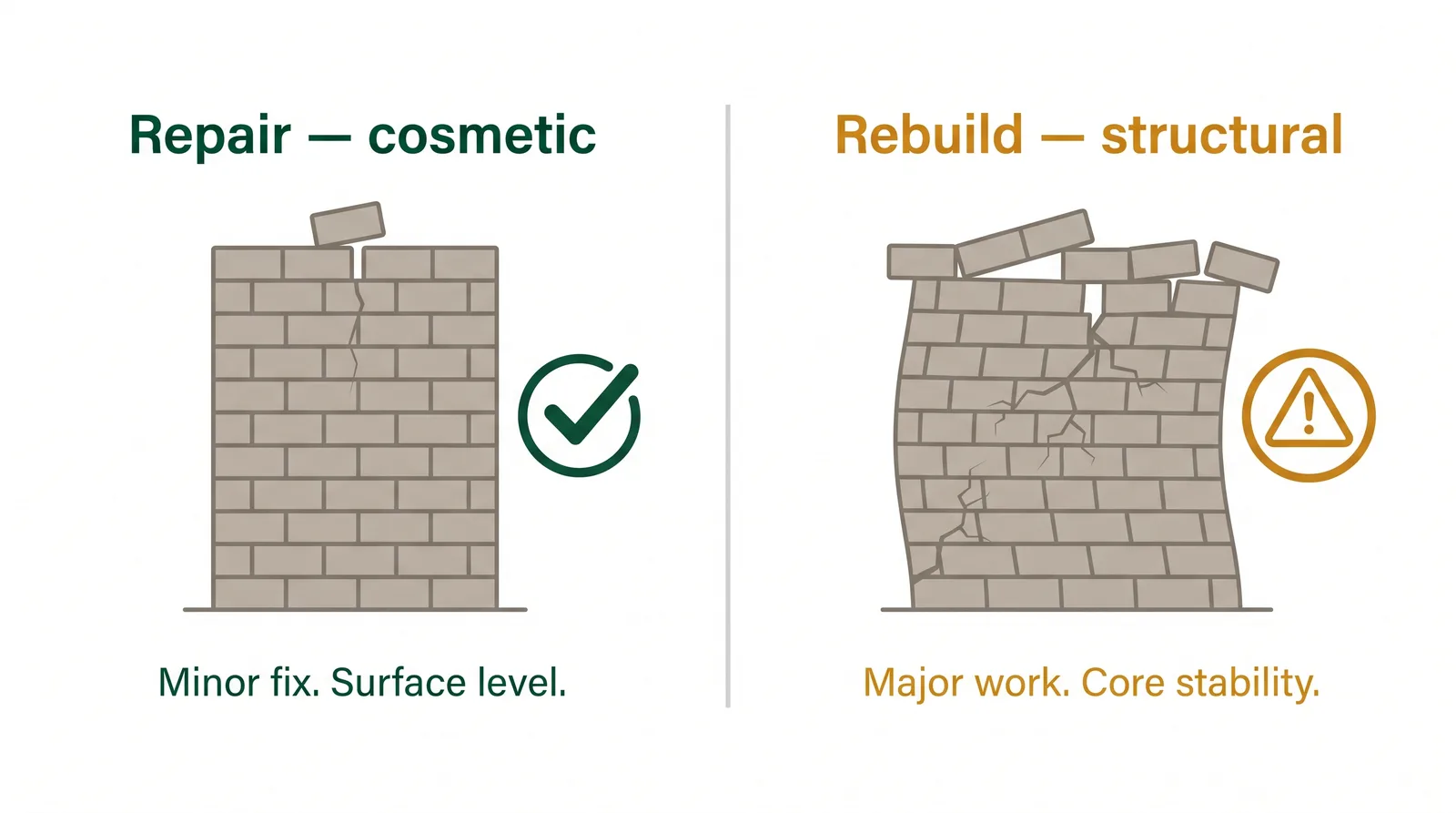 Decision diagram: cosmetic issues like loose caps or minor cracks are repairable, while leaning, bulging or sunken walls are structural and need a rebuild