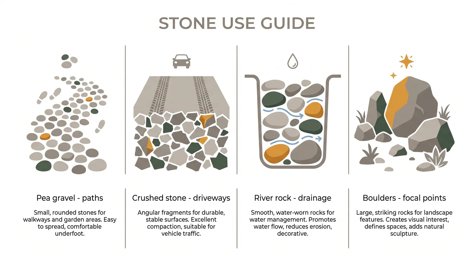 Comparison chart of four landscaping stone types: pea gravel, crushed stone, river rock, and boulders, with their best uses