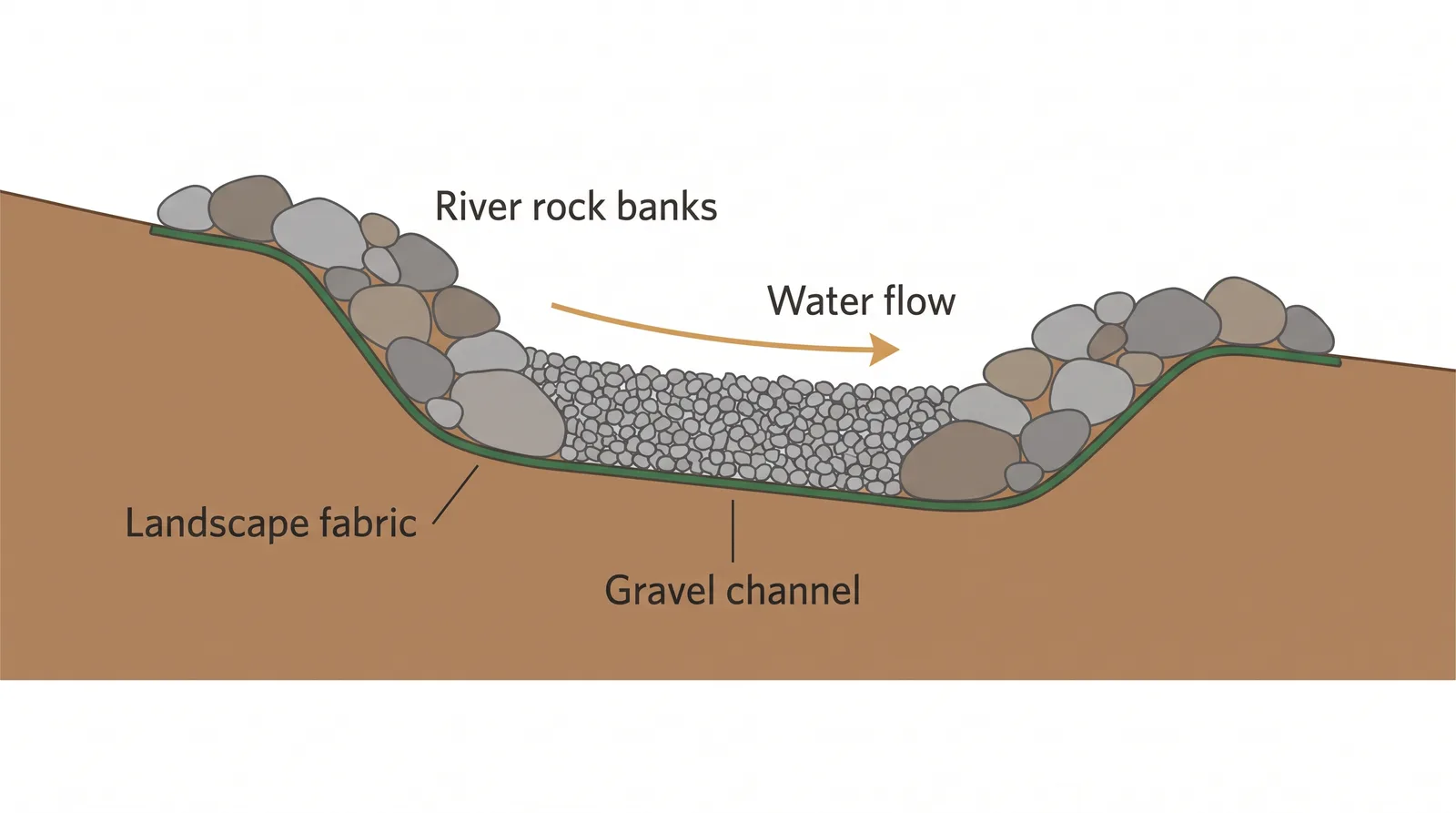 Cross-section diagram of a dry creek bed showing landscape fabric base, larger river rock lining, and smaller gravel fill on a gentle slope