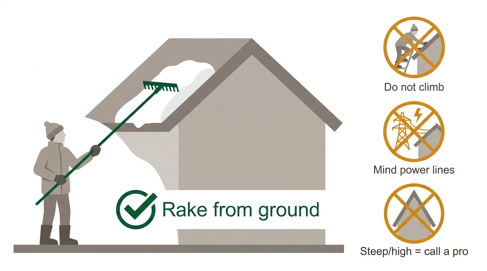 Diagram showing safe roof snow removal: use a roof rake from the ground on the lower edge, do not climb an icy roof, watch for power lines, and call a pro for stress signs