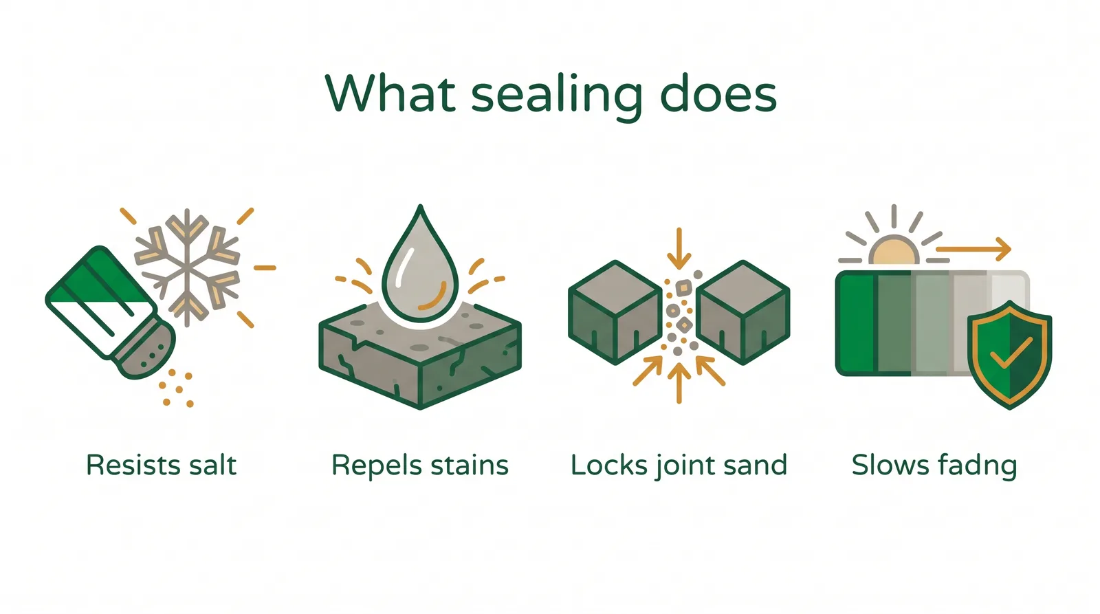 Diagram showing four things sealing interlocking pavers does: protect against salt, resist stains, stabilize joint sand, and enrich colour
