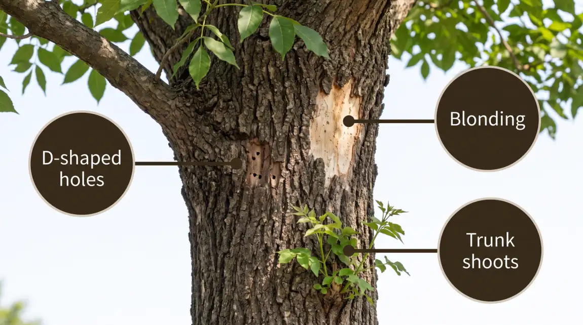 Annotated photo of an ash tree with emerald ash borer signs: D-shaped exit holes, canopy dieback, bark blonding from woodpeckers, and epicormic shoots