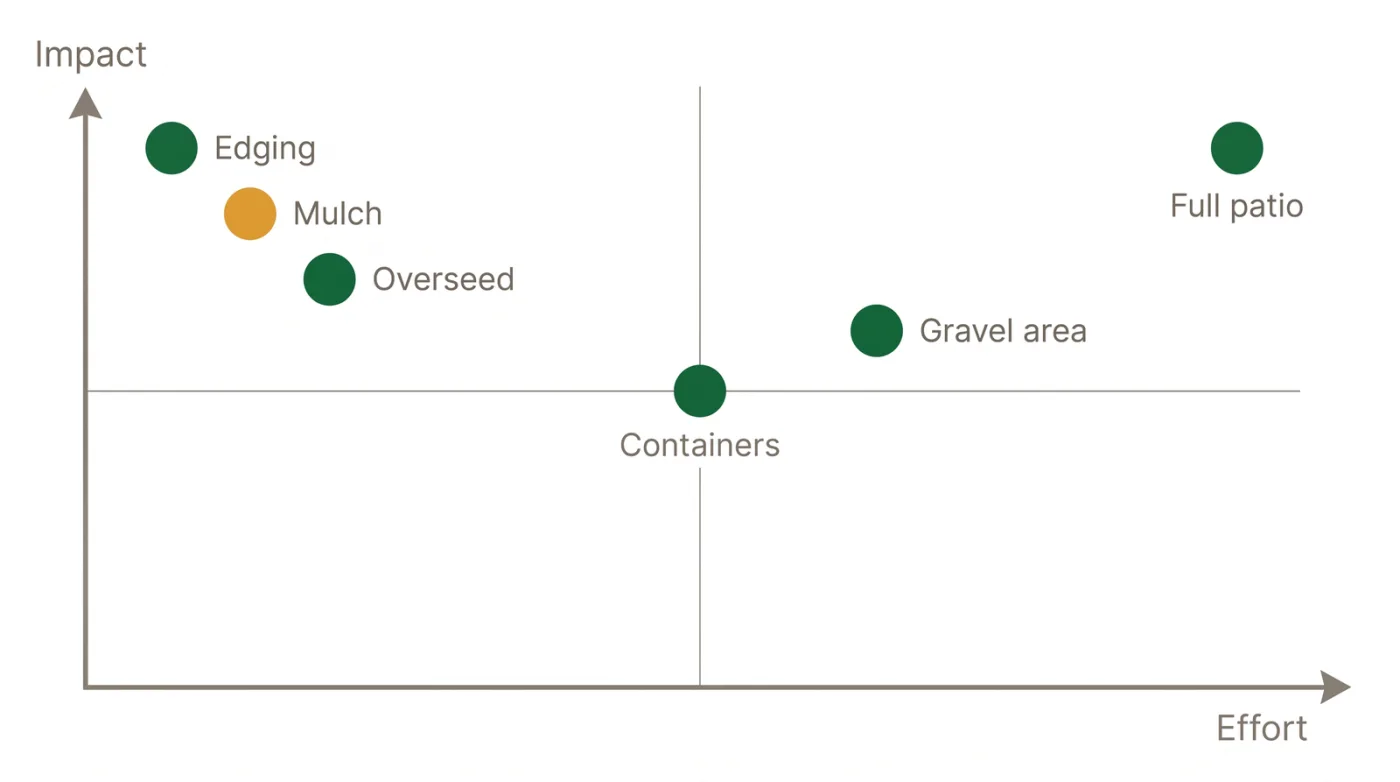 Effort versus impact chart of simple backyard upgrades showing edging and mulch as low-effort high-impact, and a full patio as high-effort high-impact