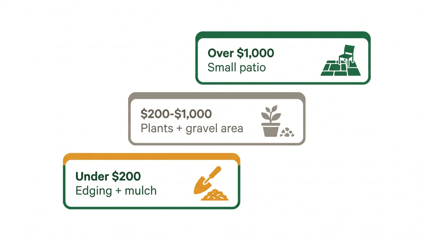 Budget tier diagram of simple backyard upgrades: under 200 dollars for edging and mulch, 200 to 1000 dollars for plants and a gravel area, over 1000 for a small patio