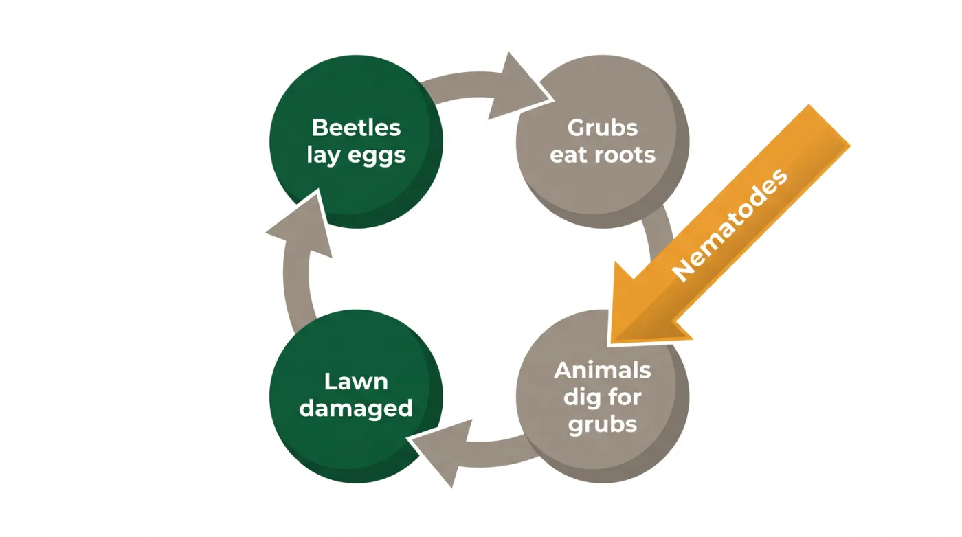 Diagram of the grub-and-animal cycle: beetles lay eggs, grubs feed on roots near the surface, skunks and raccoons dig for grubs, and nematodes break the cycle