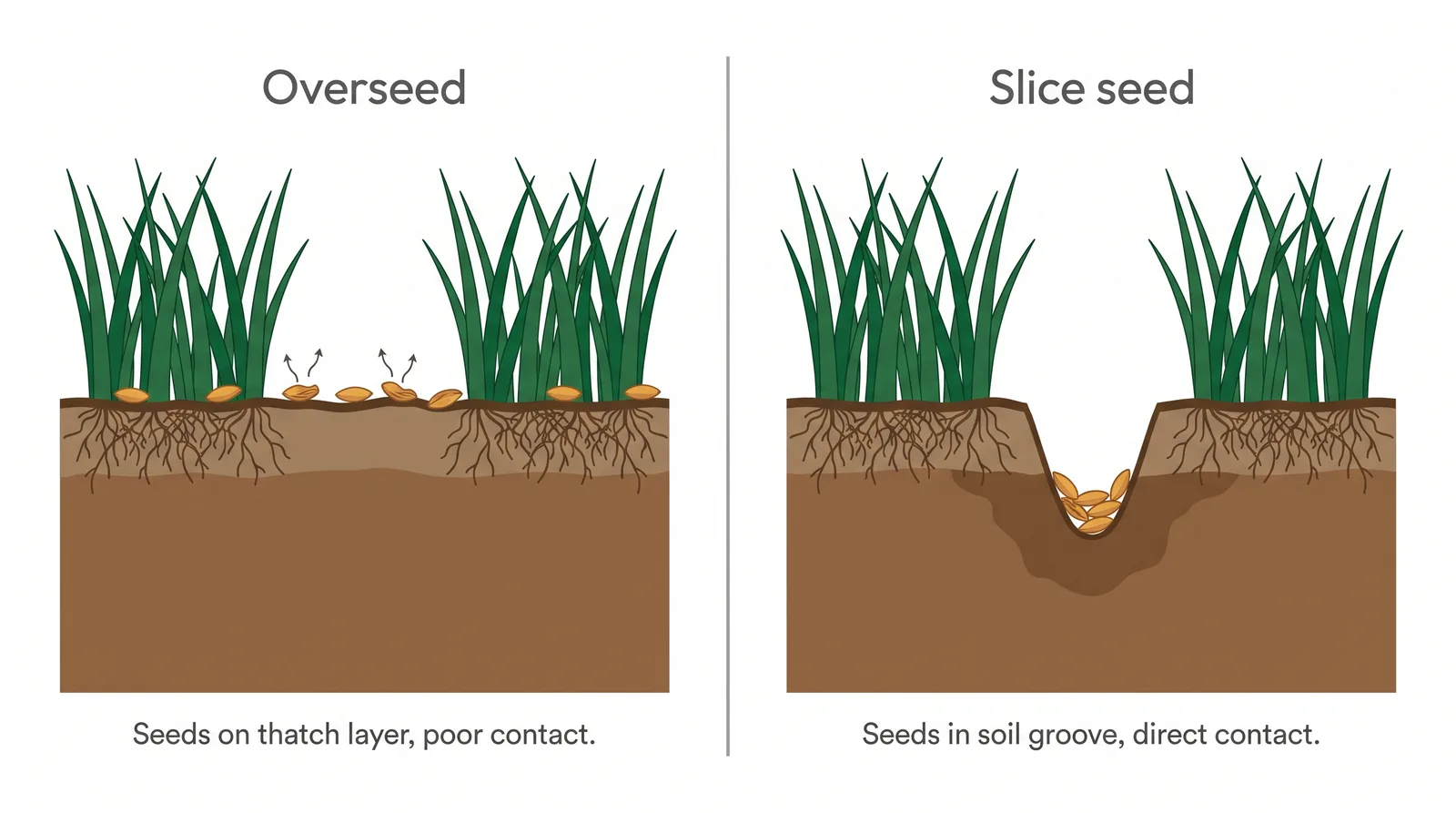 Cross-section comparison of overseeding with seed lying on thatch versus slice seeding with seed cut into grooves in the soil
