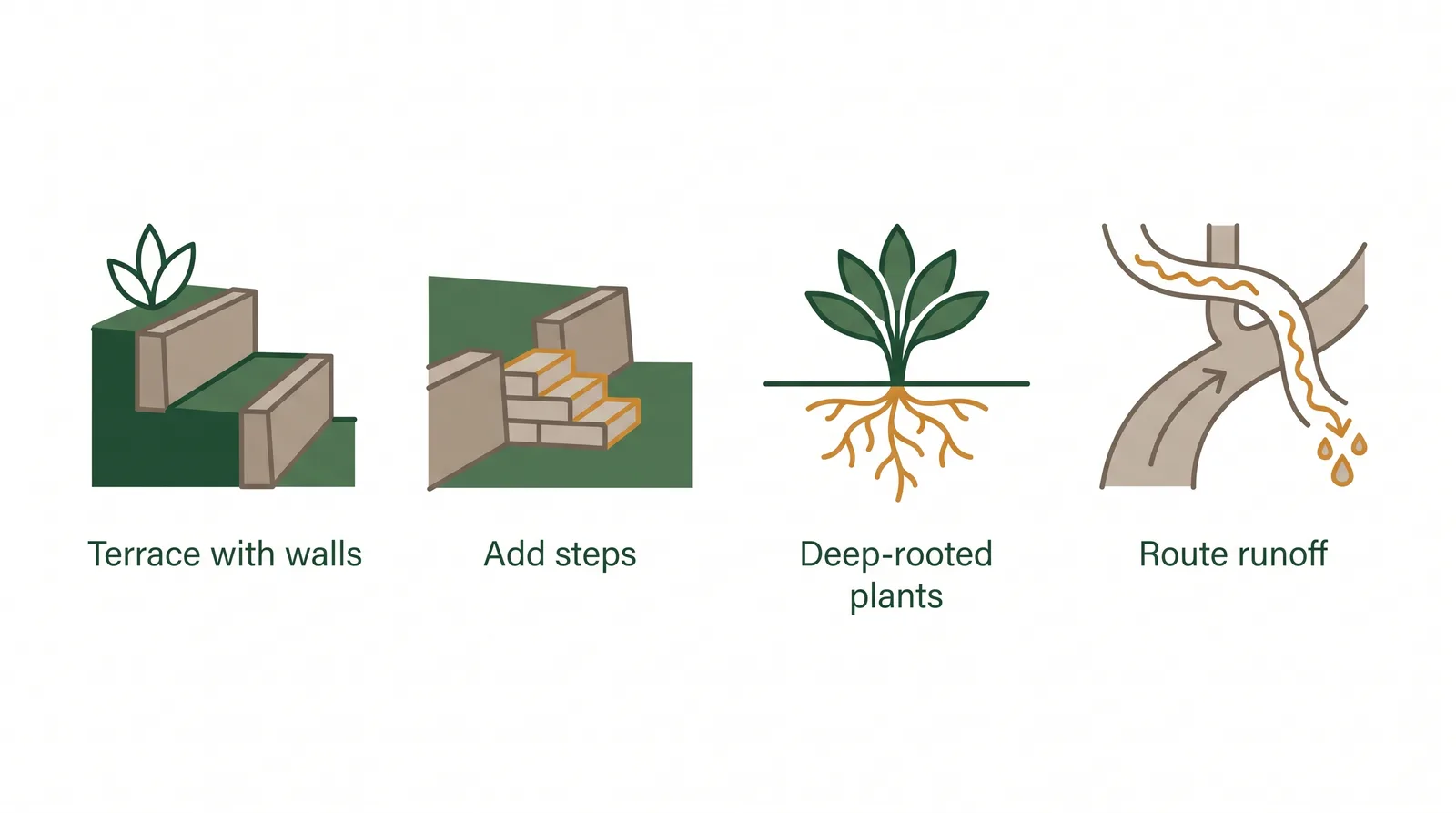 Diagram of four sloped-yard solutions: terrace with retaining walls, add steps or a path, plant deep-rooted groundcover, and route runoff with a dry creek bed