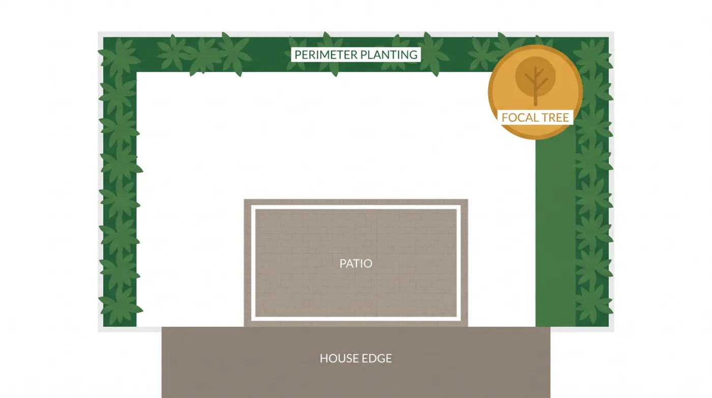 Overhead layout diagram of a small Toronto backyard zoned into one patio sitting area, a perimeter planting border, and a single small tree for a focal point