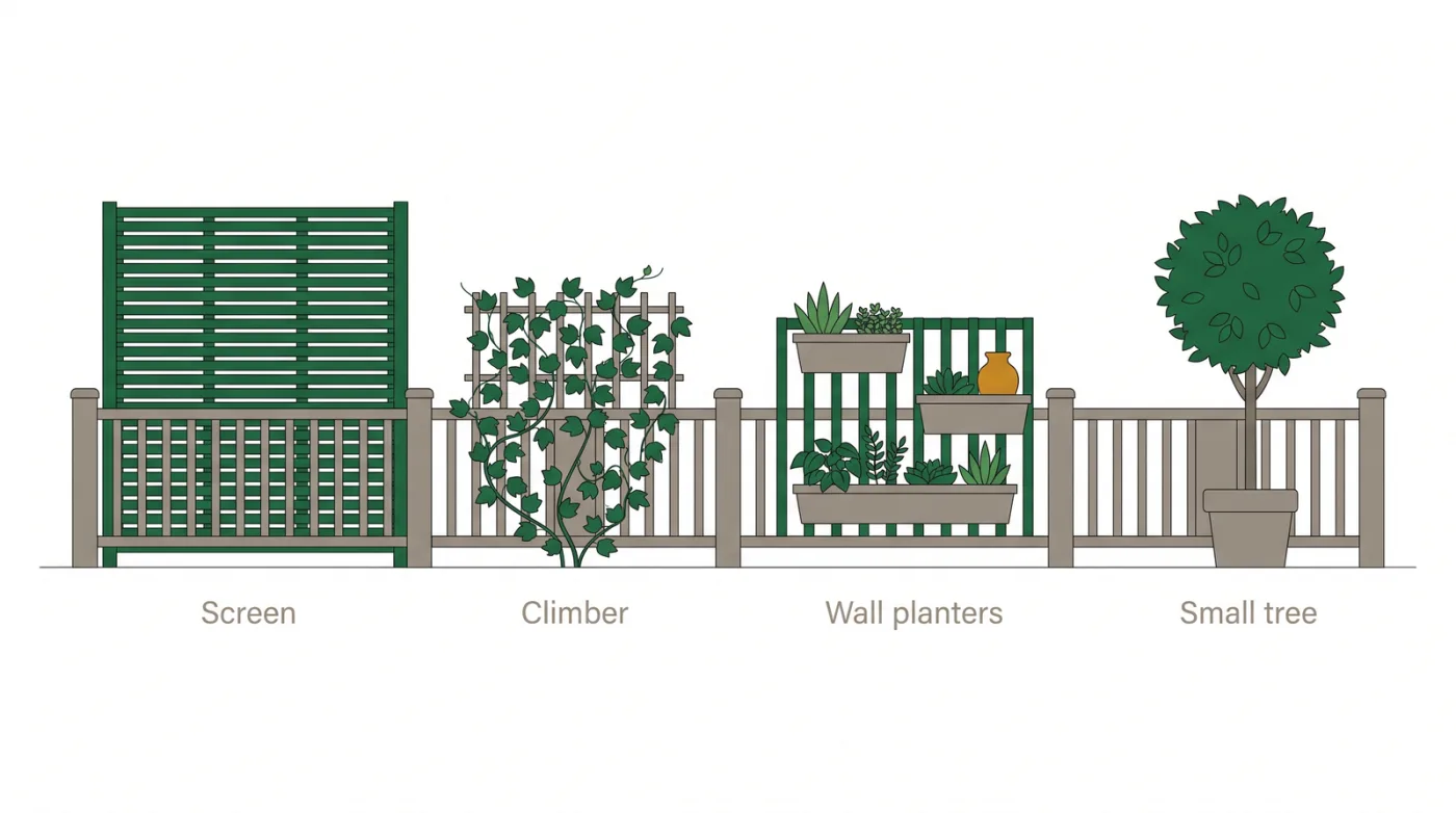 Diagram of vertical space-saving ideas for a small backyard: fence-line privacy screen, climbing vine, wall planters, and a single compact tree