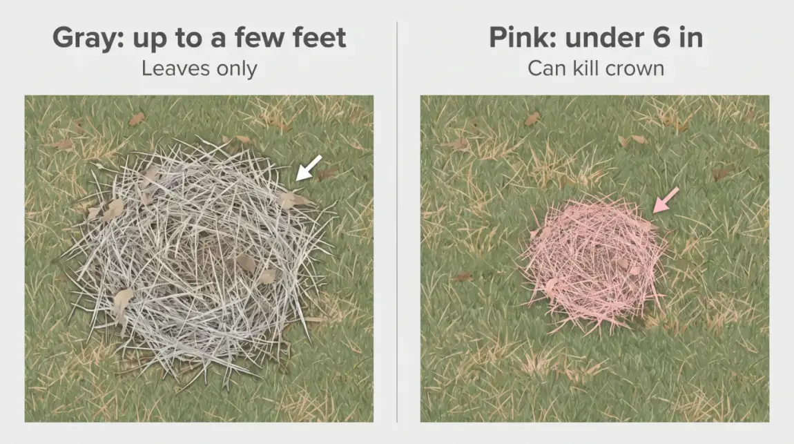 Side-by-side comparison of gray snow mold and pink snow mold patches showing gray patches up to a few feet wide affecting leaves only versus smaller pink patches under six inches that can kill the crown