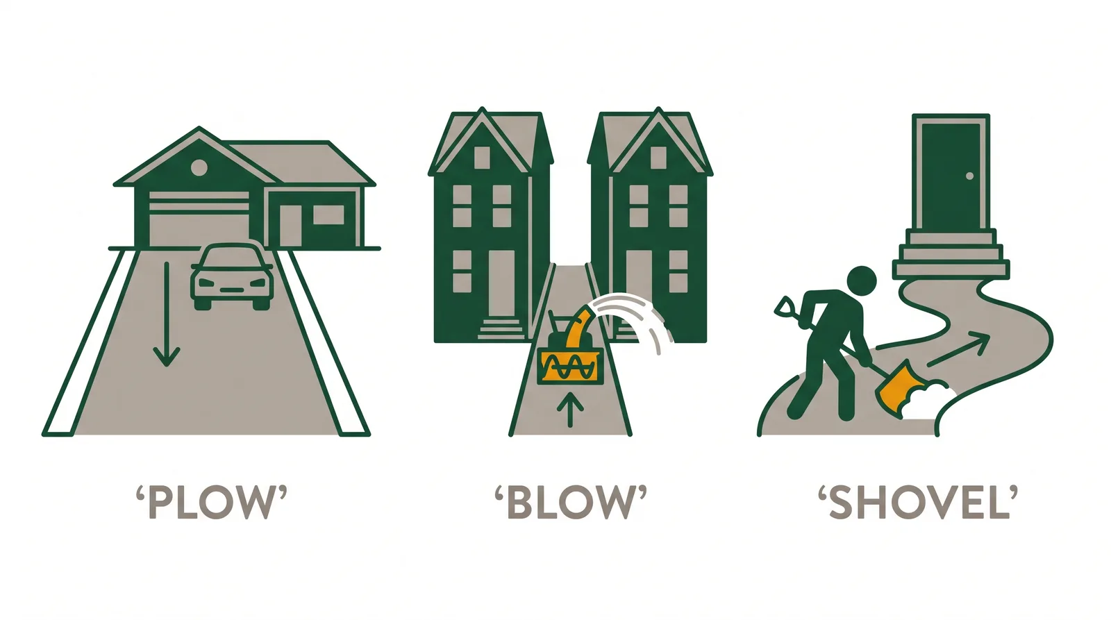 Diagram matching snow clearing method to property type, plowing for a large suburban driveway, blowing for a tight downtown lot, shovelling for walkways and steps