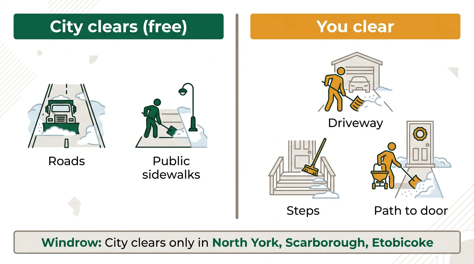 Diagram showing who clears what in Toronto: City clears roads and public sidewalks, homeowner clears driveway steps and door path, windrow cleared by City only in North York Scarborough Etobicoke
