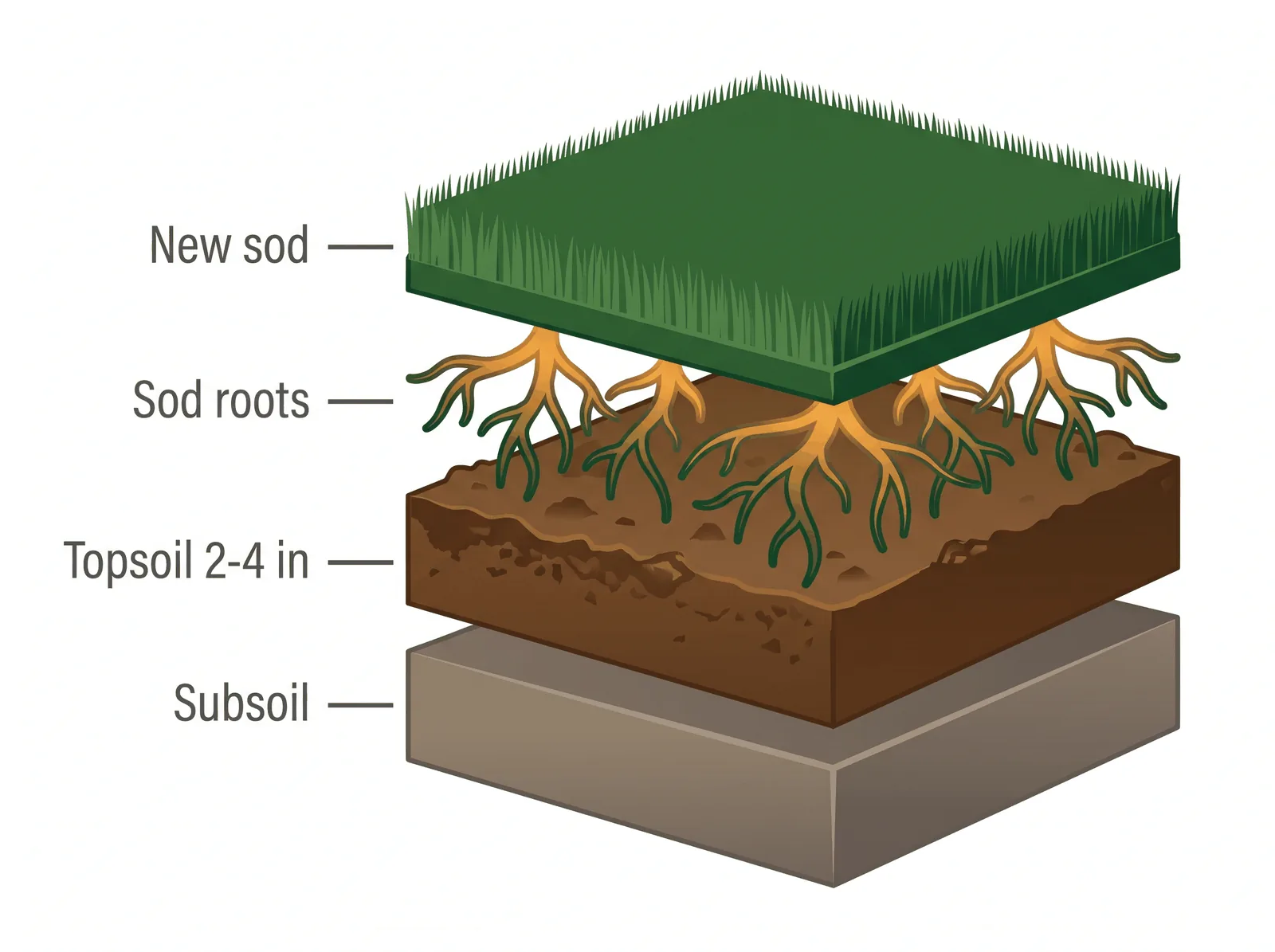 Labeled cross-section of a proper sod installation showing subsoil, graded topsoil layer, sod roots, and new sod on top