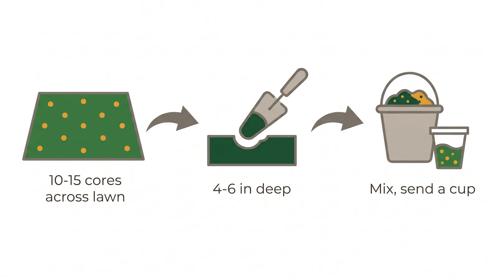 Diagram of taking a lawn soil sample: collect 10 to 15 cores across the lawn 4 to 6 inches deep, mix in a bucket, take a subsample