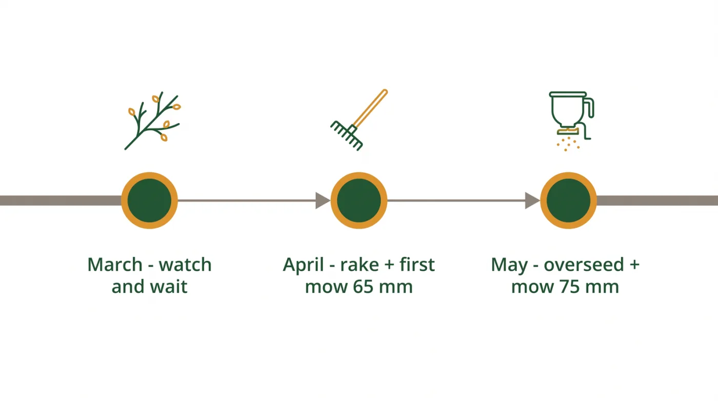 Month-by-month spring lawn care timeline for Toronto showing March cleanup readiness, April raking and first mow, and May overseeding and steady mowing