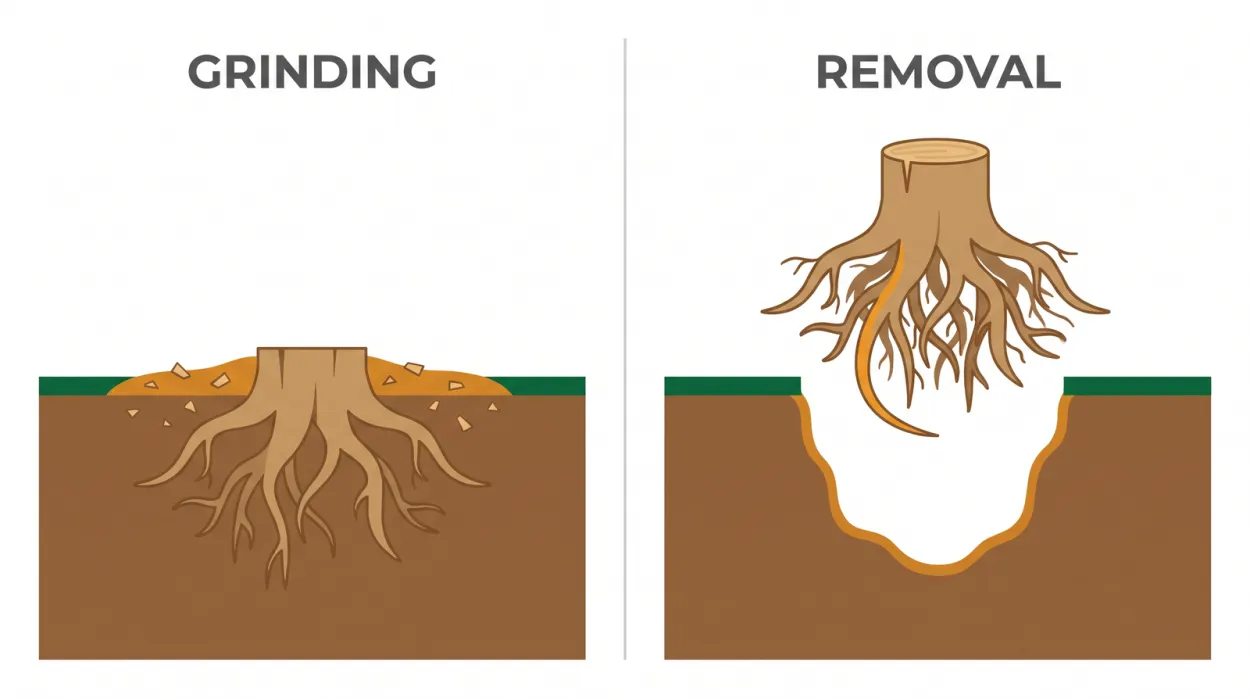 Comparison diagram of stump grinding, showing the stump ground below grade with roots left in the soil, versus stump removal showing the whole root ball extracted leaving a large hole
