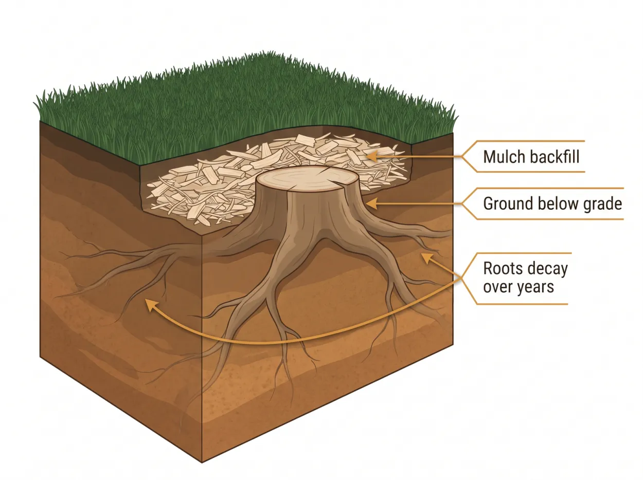 Cross-section diagram showing a ground-down stump below grade with the remaining roots left in the soil to decay over several years, with grinding mulch backfilled on top