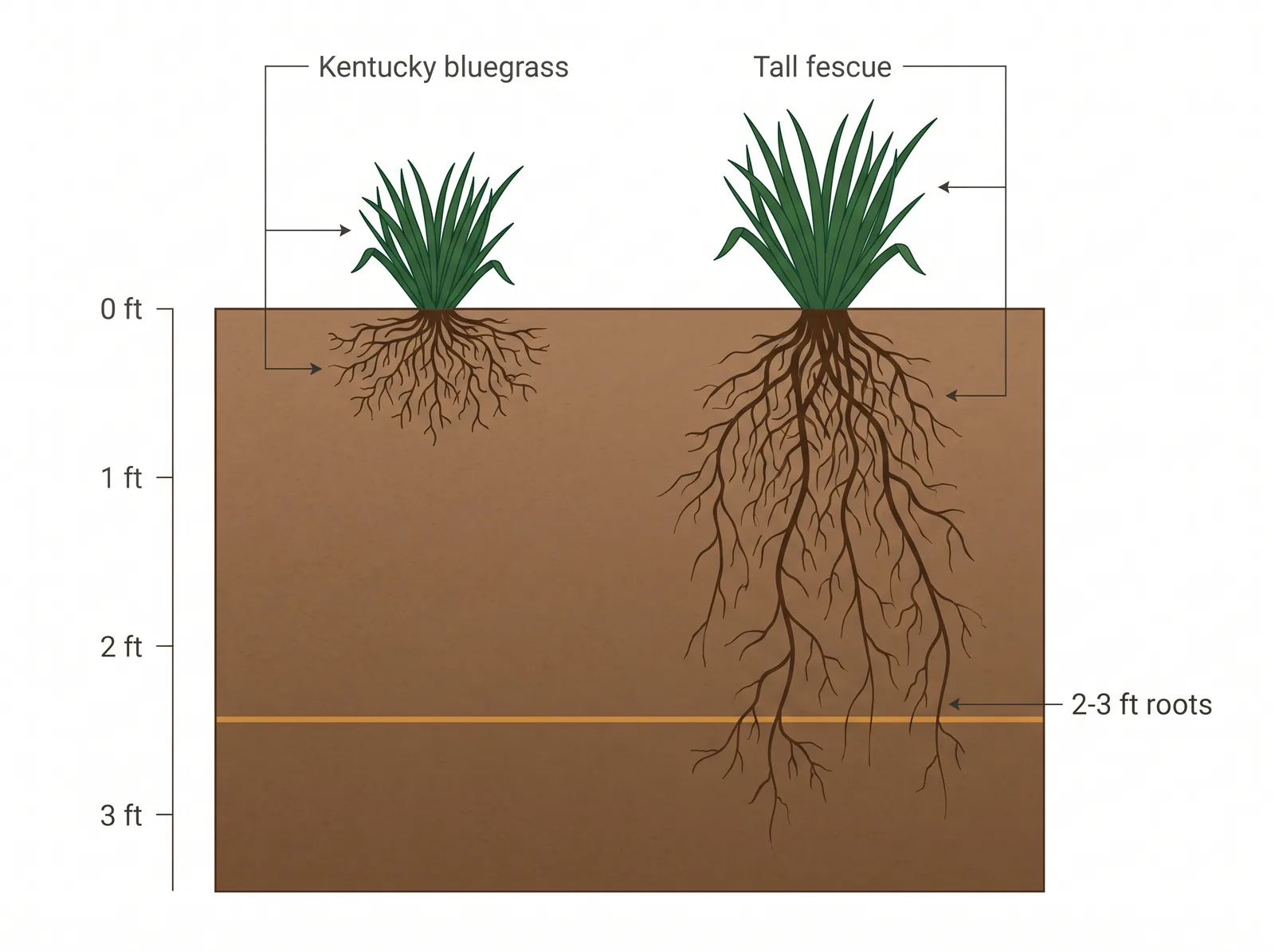 Root-depth diagram comparing shallow Kentucky bluegrass roots with tall fescue roots reaching 2 to 3 feet deep
