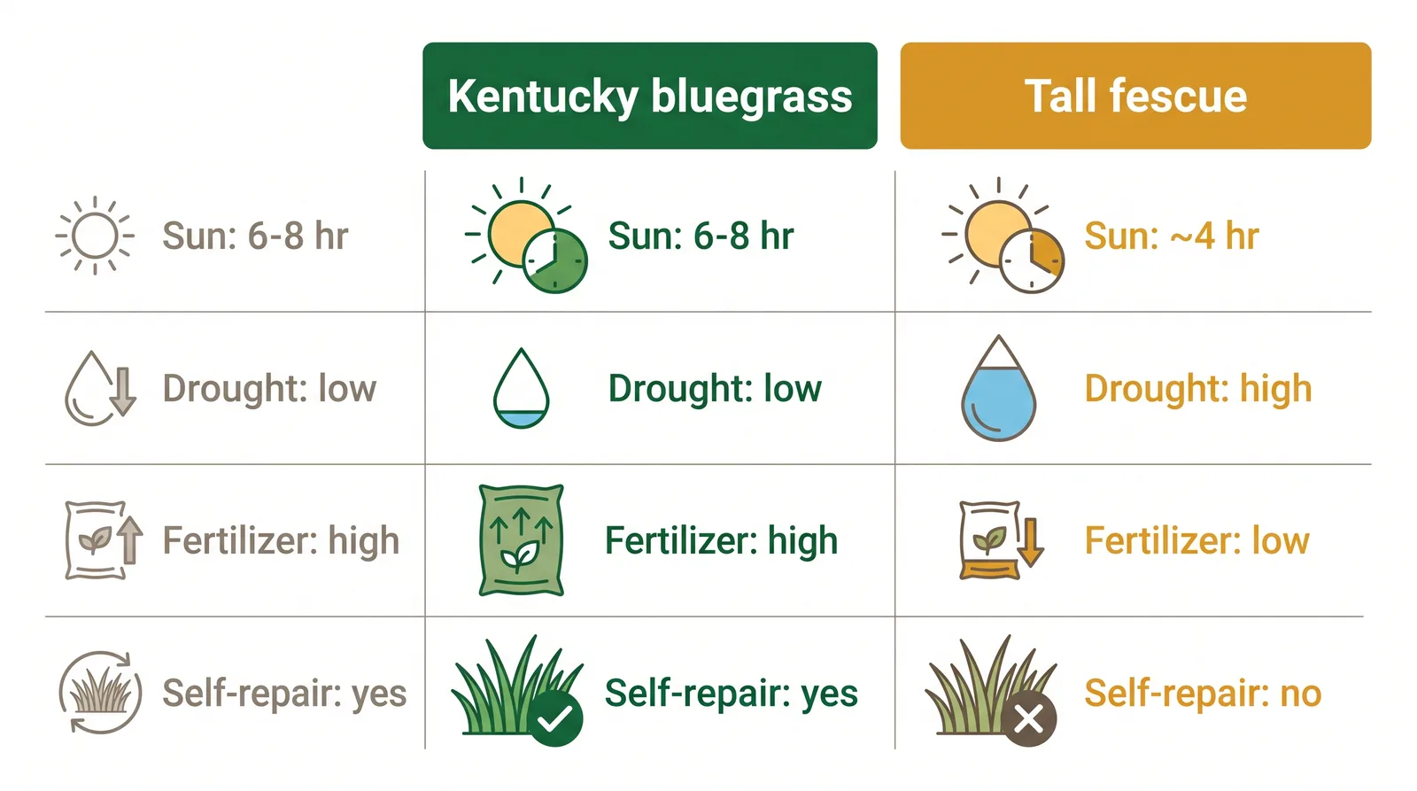 Comparison chart of Kentucky bluegrass versus tall fescue on sun needs, drought tolerance, fertilizer, and self-repair